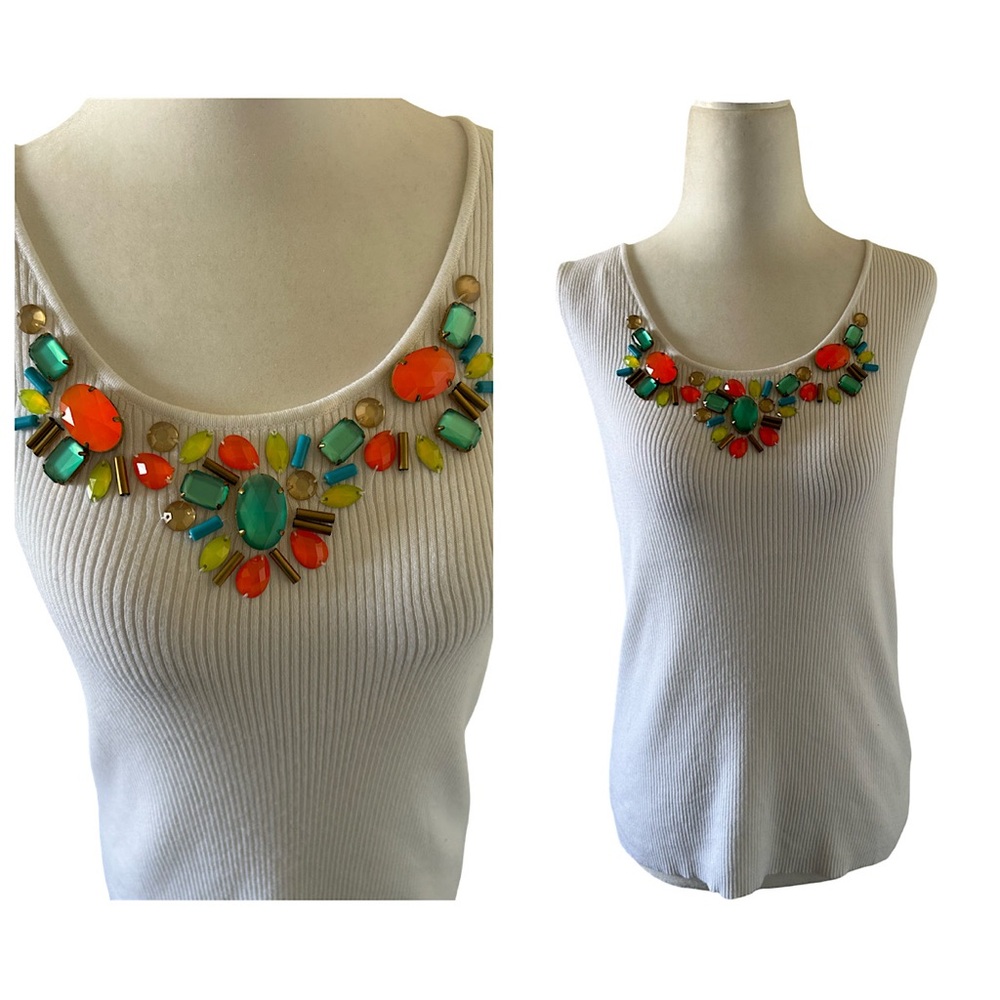 White Tank Top with Colorful Beaded Necklace